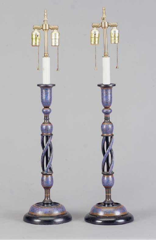 A PAIR OF PAPIER MACHE BLUE- PAINTED TABLE LAMPS,