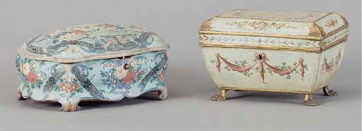 A CONTINENTAL METAL PAINTED TEA CADDY AND A CHINOISIERE DECORATED BOX,
