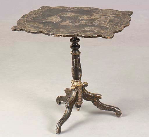 A CHINESE EXPORT PARCEL-GILT EBONISED TILT TOP TRIPOD TABLE,