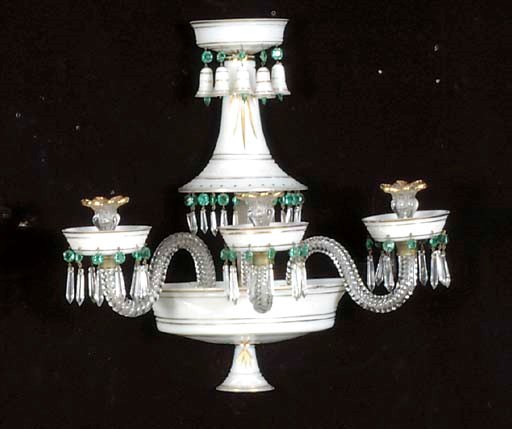 A PAIR OF VICTORIAN OPALINE AND MOLDED GLASS THREE-BRANCH WALL LIGHTS,