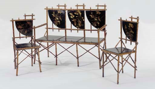 A BAMBOO AND BLACK LACQUERED PARCEL-GILT THREE PIECE SALON SUITE,