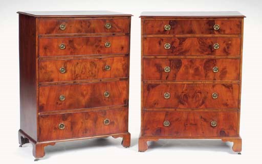 A MATCHED PAIR OF ENGLISH BURR WALNUT SMALL CHESTS OF DRAWERS,