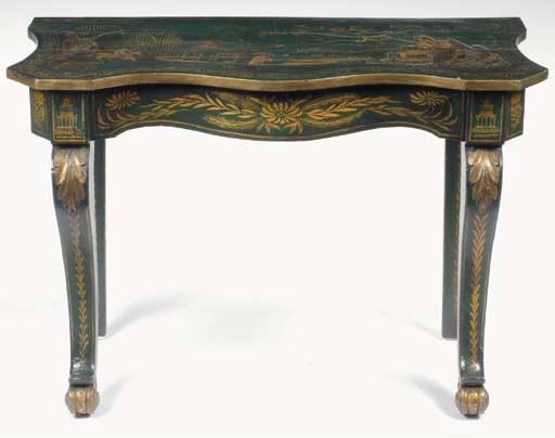 A GEORGIAN STYLE CHINOISERIE DECORATED, GREEN AND GILT PAINTED CONSOLE TABLE,