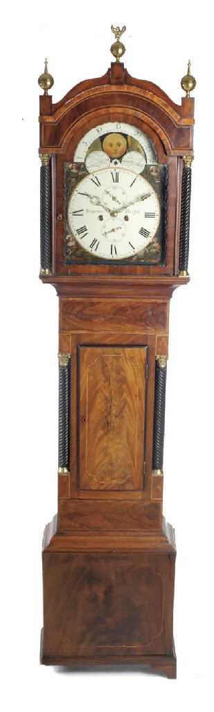 A GEORGE III MAHOGANY SATINWOOD INLAID AND EBONISED TALL CASE CLOCK,