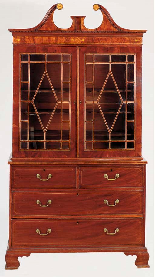 A LATE GEORGE III MAHOGANY INLAID BOOKCASE CABINET,