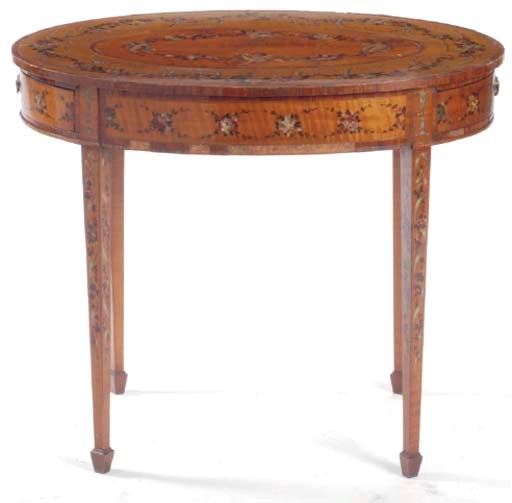 A GEORGE III-STYLE PAINTED SATINWOOD OVAL TABLE,