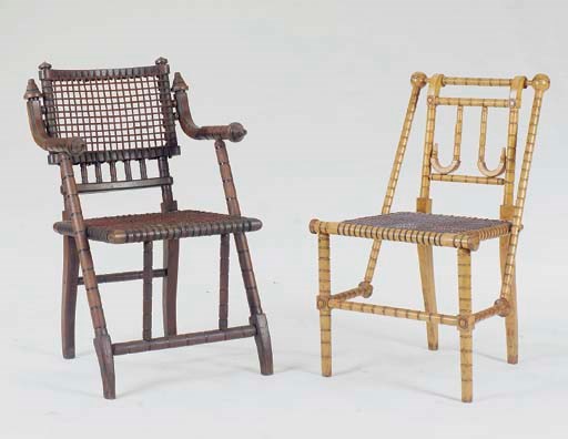 TWO GEORGE HUNZINGER RING-TURNED AND WOVEN CHAIRS,