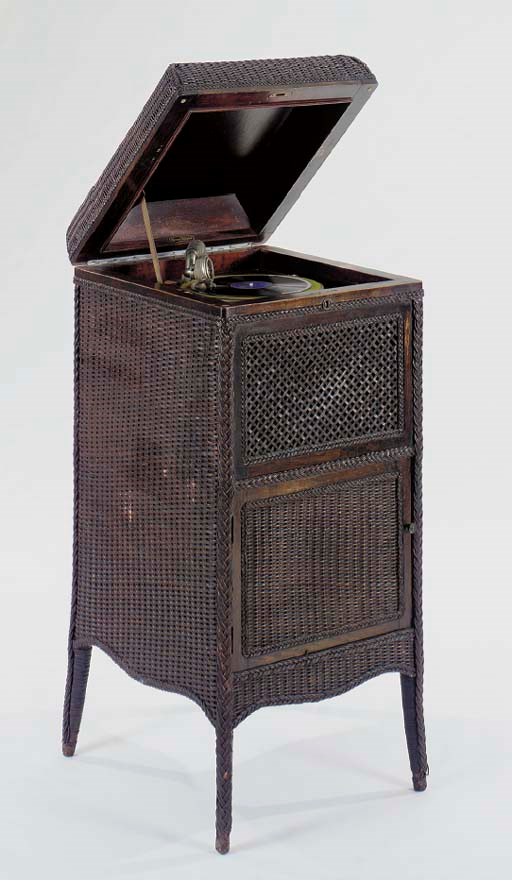 A VICTROLA GRAMAPHONE IN A WICKER CASE,