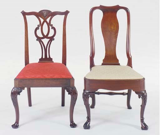 TWO PAIRS OF ENGLISH CARVED MAHOGANY SIDE CHAIRS,