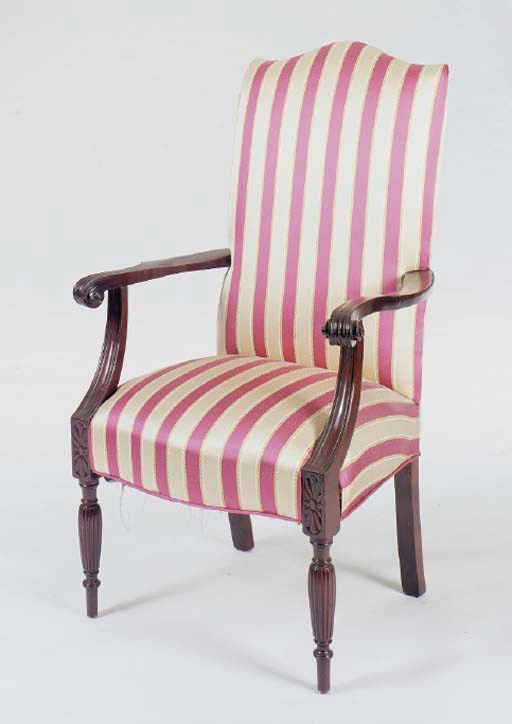 A MAHOGANY STRIPE UPHOLSTERED LOLLING CHAIR,