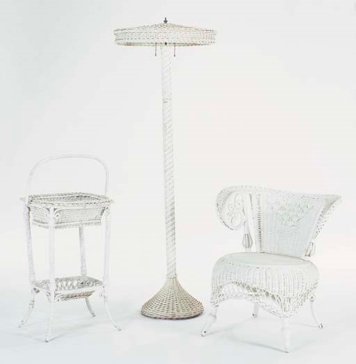 A GROUP OF WHITE PAINTED WICKER FURNITURE,