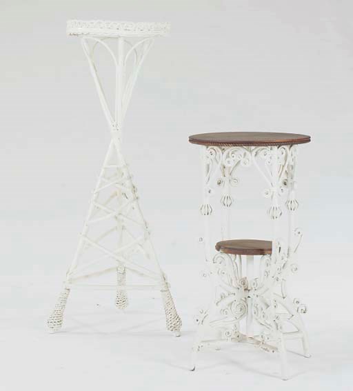TWO WHITE-PAINTED WICKER PLANT STANDS,