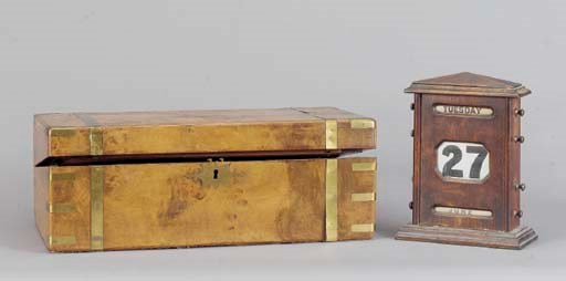 A VICTORIAN BRASS BOUND BURR WALNUT LAP DESK,