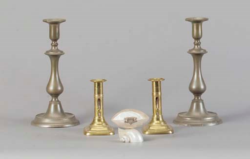 TWO PAIR OF BRASS CANDLESTICKS SIX METAL INKWELLS AND THREE METAL PENS,