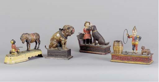 A GROUP OF FOUR PAINTED CAST- IRON MECHANICAL MONEY BOXES,