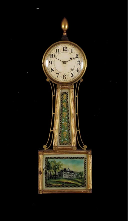 A PARCEL-GILT MAHOGANY AND PAINTED GLASS BANJO-FORM WALL CLOCK,