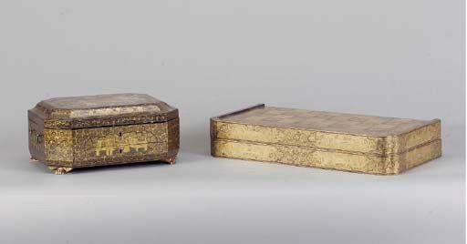 A CHINESE EXPORT PARCEL- GILT LACQUER GAMES BOX AND SEWING BOX,