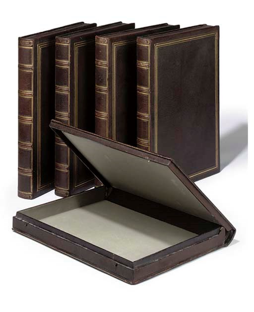 A SET OF FIVE GILT-TOOLED LEATHER FOLIO BOXES