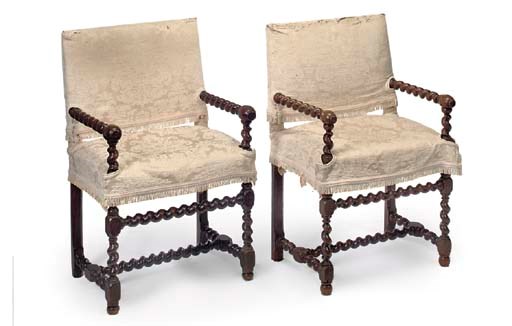 A MATCHED PAIR OF WALNUT OPEN ARMCHAIRS