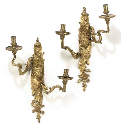 A PAIR OF GILT BRONZE TWIN-LIGHT WALL APPLIQUES