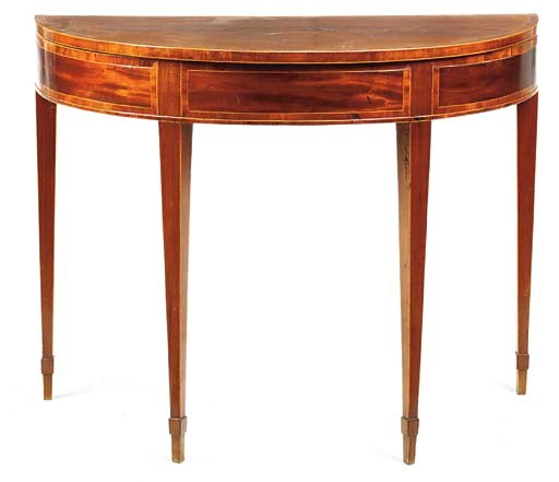A GEORGE III MAHOGANY LINE INLAID AND CROSSBANDED DEMI LUNE CARD TABLE