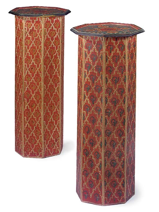 A PAIR OCTAGONAL POLYCHROME DECORATED PEDESTALS