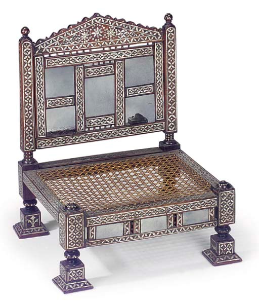 A DAMASCUS HARDWOOD AND MOTHER OF PEARL INLAID LOW CHAIR