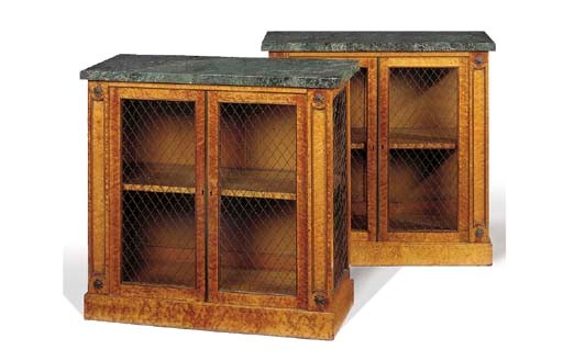 A PAIR OF BIRD'S EYE MAPLE AND VERDO ANTICO MARBLE DWARF BOOKCASES