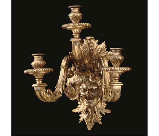 THREE GILT BRONZE THREE-LIGHT WALL APPLIQUES