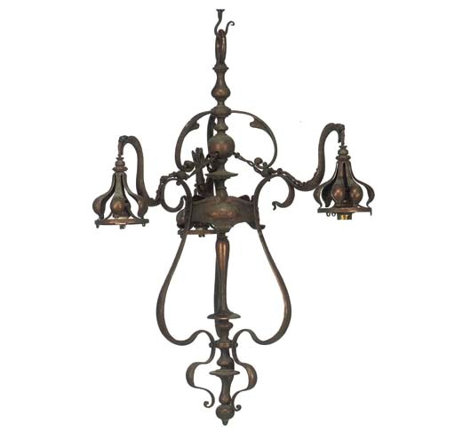 A THREE-LIGHT COPPER CHANDELIER