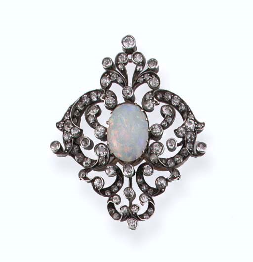 AN ANTIQUE OPAL AND DIAMOND BROOCH