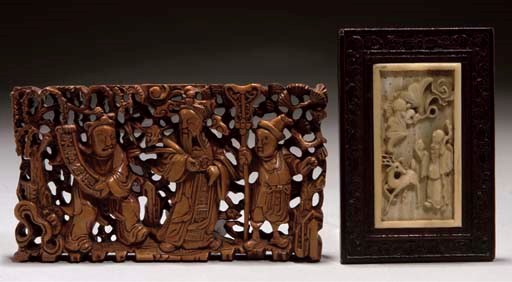 A Chinese carved ivory plaque and carved wood surround, 17th Century