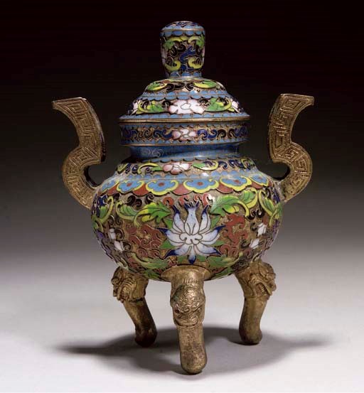 A Chinese cloisonne tripod censer and cover, 19th Century