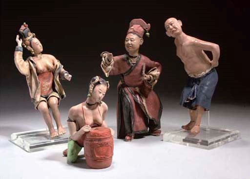 Four Chinese export painted clay figures, 19th century