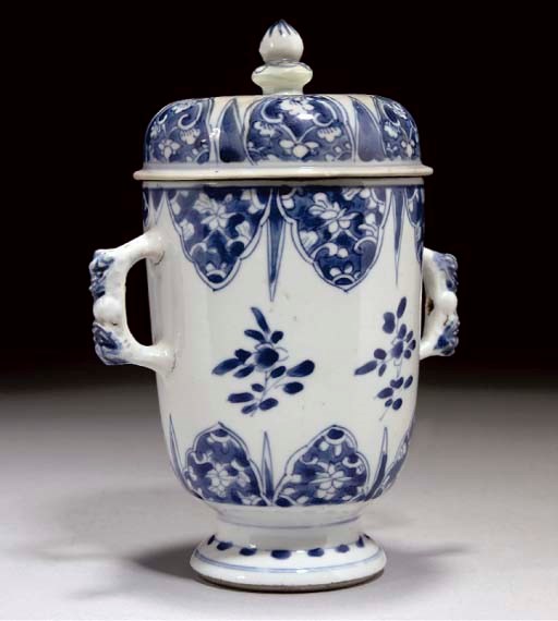 A Chinese blue and white two handled cup and cover, Johanneum mark, Kangxi