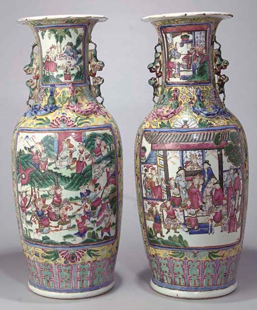 A pair of Cantonese baluster vases, 19th Century