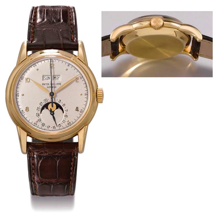 Patek Philippe. An very fine and rare 18K gold perpetual calendar wristwatch with sweep centre seconds and phases of the moon