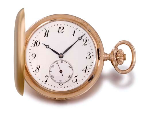 Anon. A fine 14K gold hunter case two train quarter repeating grande sonnerie keyless lever clock watch
