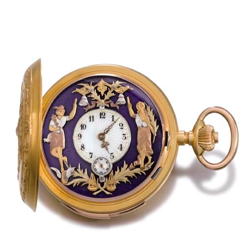Tempora. A fine 18K gold hunter case minute repeating jaquemarts watch