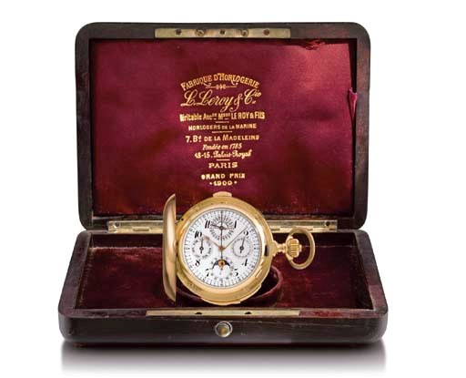 Leroy. A fine and rare 18K gold hunter case minute repeating perpetual calendar keyless lever chronograph watch with phases of the moon