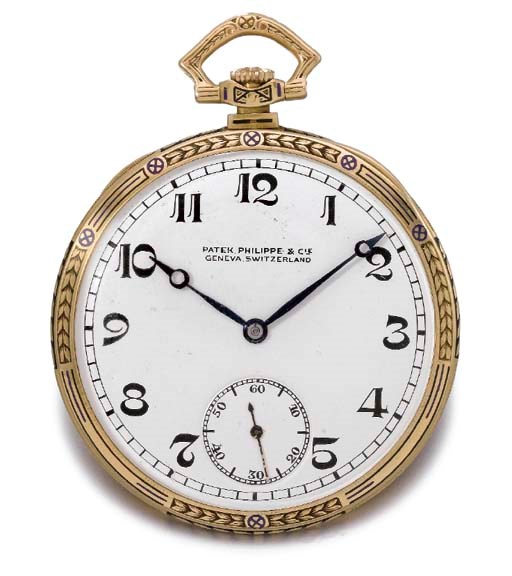Patek Philippe. A fine and unusual 18K gold and enamel openface keyless lever watch