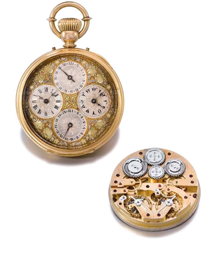 Swiss. A very fine, rare and unusual 18K gold twin movement dual time keyless lever calendar watch, made for the Turkish Market