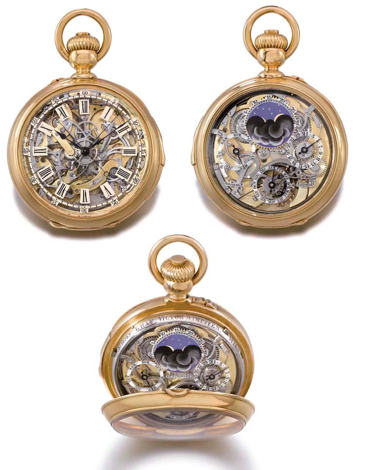 Louis Audemars. A very important and rare 18K gold skeletonized double dial two train minute repeating perpetual calendar keyless lever watch with splittable independent jumping seconds and phases of the moon