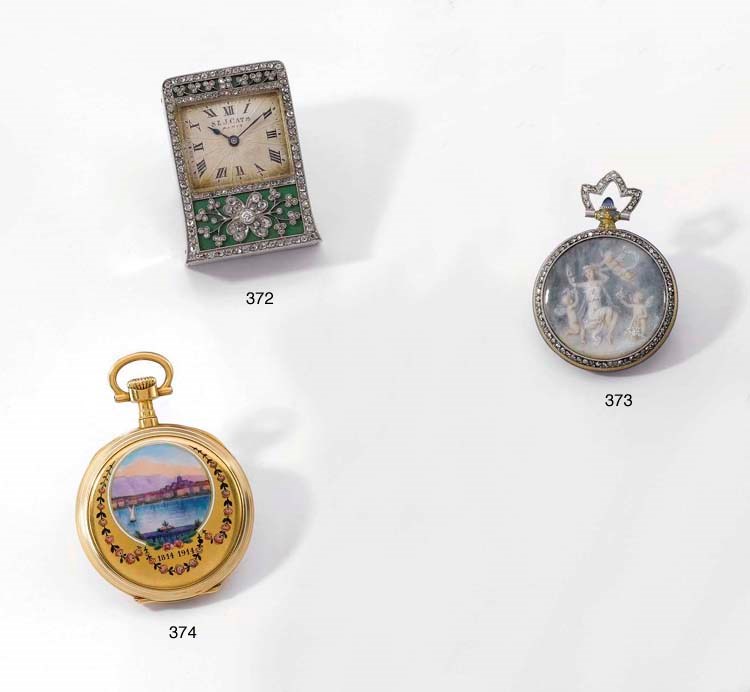 Cats. A fine and unusual platinum, enamel and diamond-set miniature timepiece