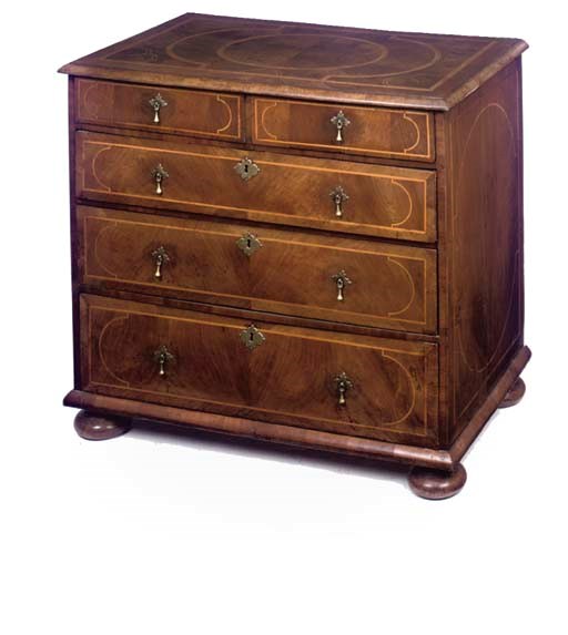 A GEORGE I WALNUT, OAK FEATHERBANDED AND LINE INLAID CHEST