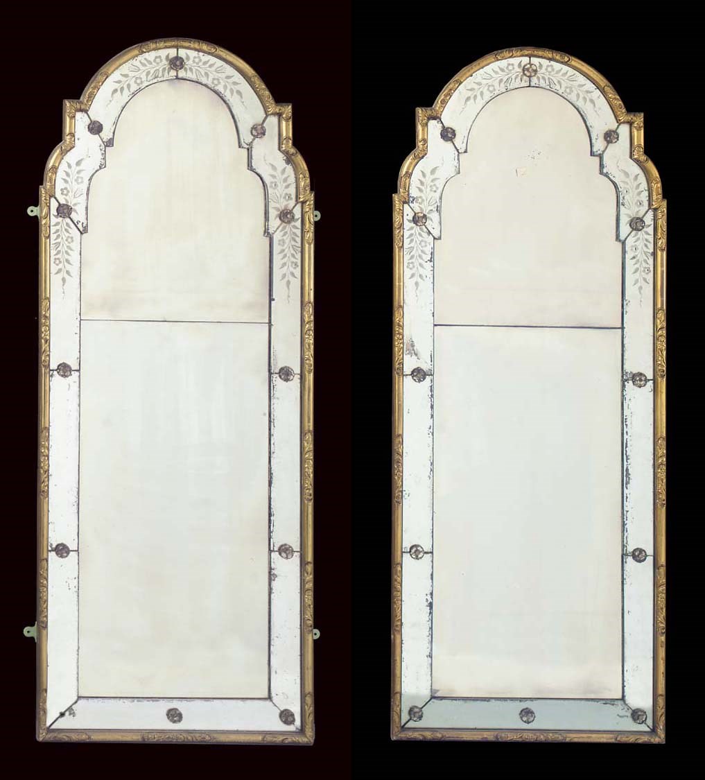 A PAIR OF GILT FRAMED ETCHED GLASS PIER MIRRORS
