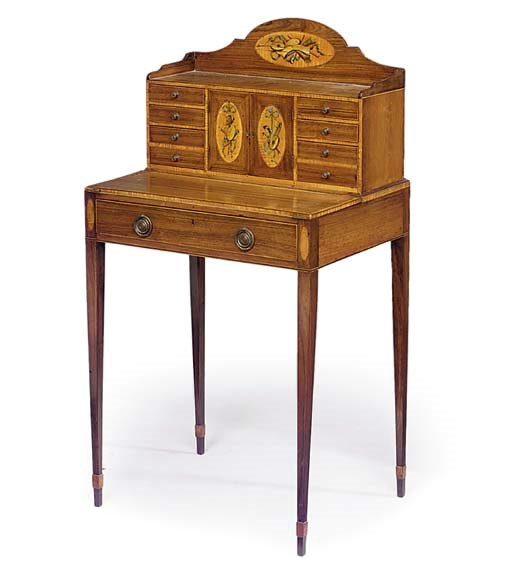 A GEORGE III MAHOGANY, ROSEWOOD, SATINWOOD AND POLYCHROME DECORATED BONHEUR DU JOUR