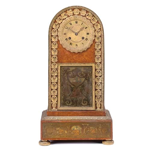 A FRENCH GILT BRONZE AND BURR WALNUT MANTEL CLOCK
