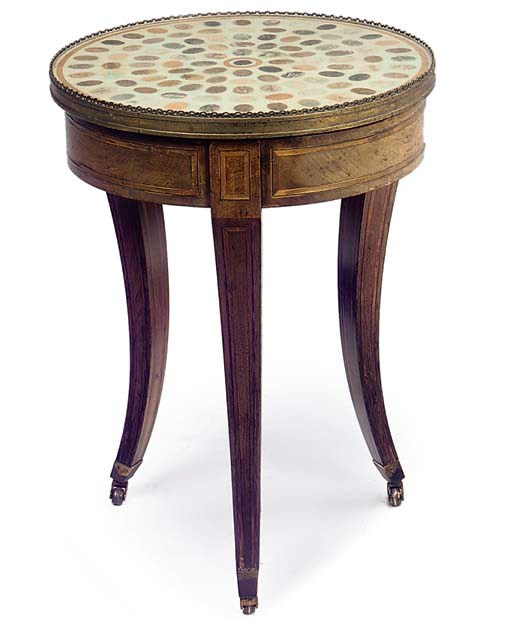 A MAHOGANY AND SATINWOOD CROSSBANDED SPECIMEN MARBLE CENTRE TABLE