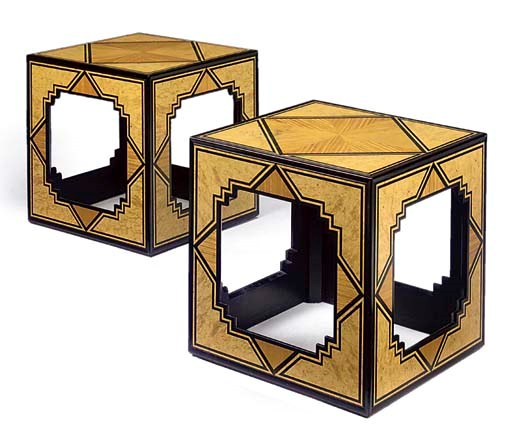 A PAIR OF BURR ASH, SATINWOOD AND EBONY CUBE TABLES